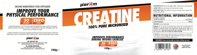 Per4m Creatine Powder | 100% Pure Micronised Creatine Monohydrate | 3000mg of Creatine | 50 Servings (150g, Unflavoured) 50 Servings (150 g)