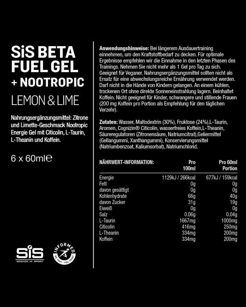 [Australia] - Science in Sport BETA Fuel Gel + Nootropica Gel 6 x 60ml Lemon and Lime - Energy-rich carbohydrate gel with 40g carbohydrates, Energy Gel for endurance athletes Lemon & Lime 6 x 60 ml 