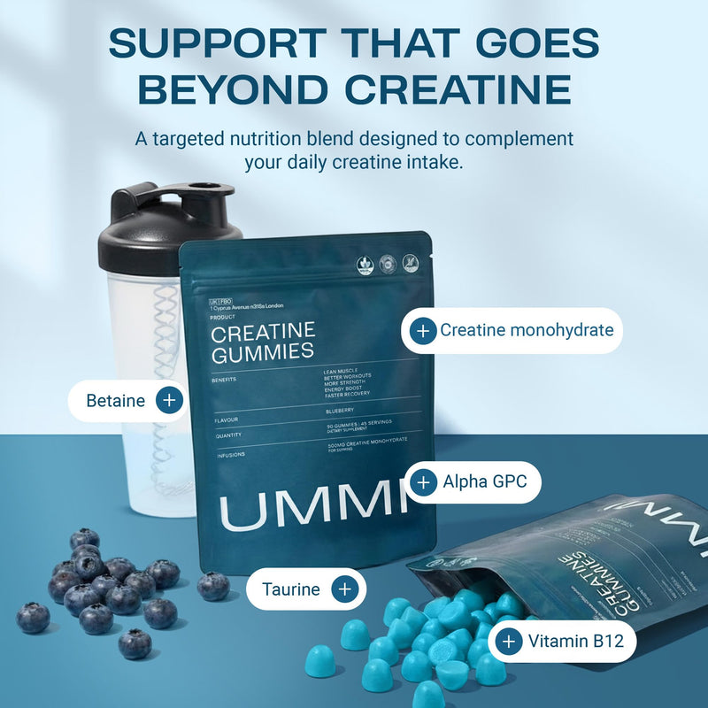 UMMI Creatine Gummies – Helps Support Physical Performance, Vegan & Sugar-Free with Betaine, B12 & Taurine - 5000mg Chewable Creatine Monohydrate Gummies for Men and Women - Blueberry Flavor, 90 Count