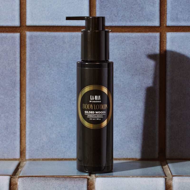 LALICIOUS LA-MAN Body Lotion, Gilded Woods Scent - Mens Body Lotion with Shea Butter, Aloe Vera, Vitamin E & Omega Fatty Acids for Long Lasting Hydration - Non-Greasy (3.4oz)