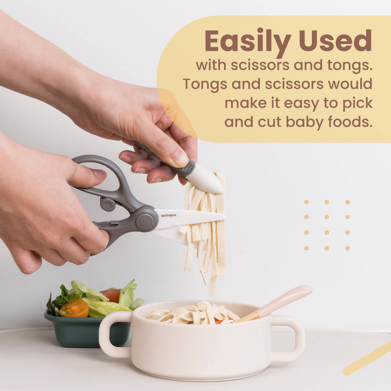 [Australia] - MOTHER-K Portable Ceramic Scissors with Tongs Set, Ceramic Scissors for Baby Food with Protective Blade Cover and Portable Case, Safety Lock (GREY) 