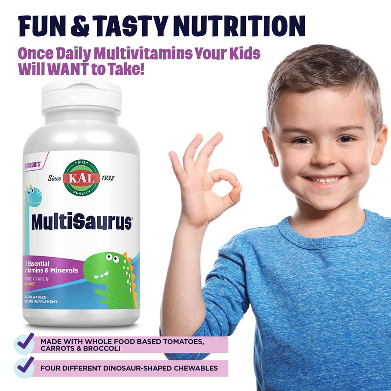 KAL MultiSaurus Kids Chewable Multivitamins, 11 Essential Vitamins and Minerals for Kids, Berry, Grape, Orange Chewables, Gluten and Fructose Free, 180 Servings, 180 Dinosaur-Shaped Chewables 180 Count (Pack of 1)