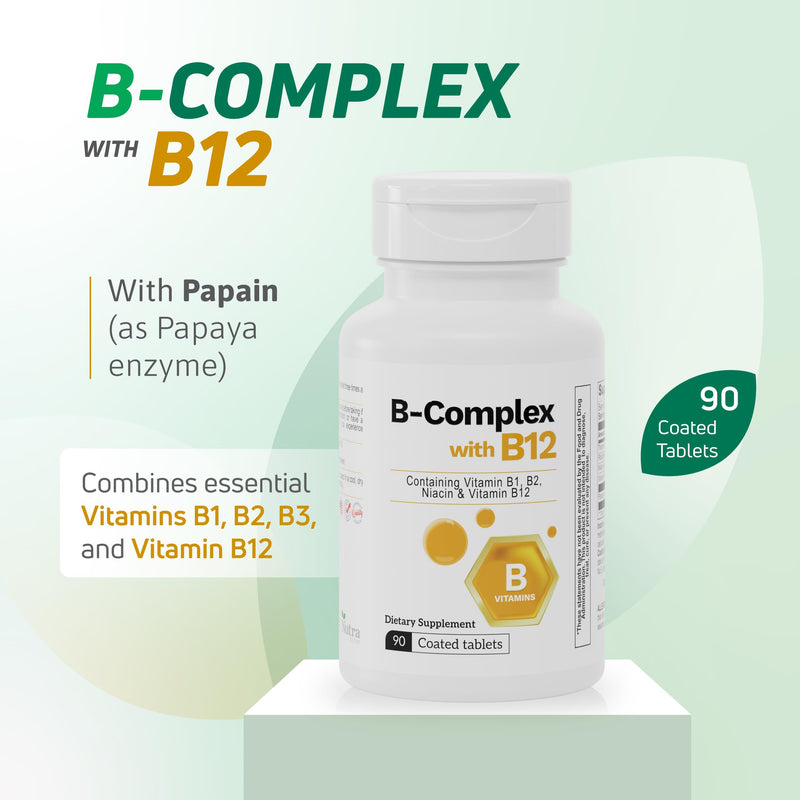 B Complex with B12 Papaya Enzyme Energy Support 90 Count