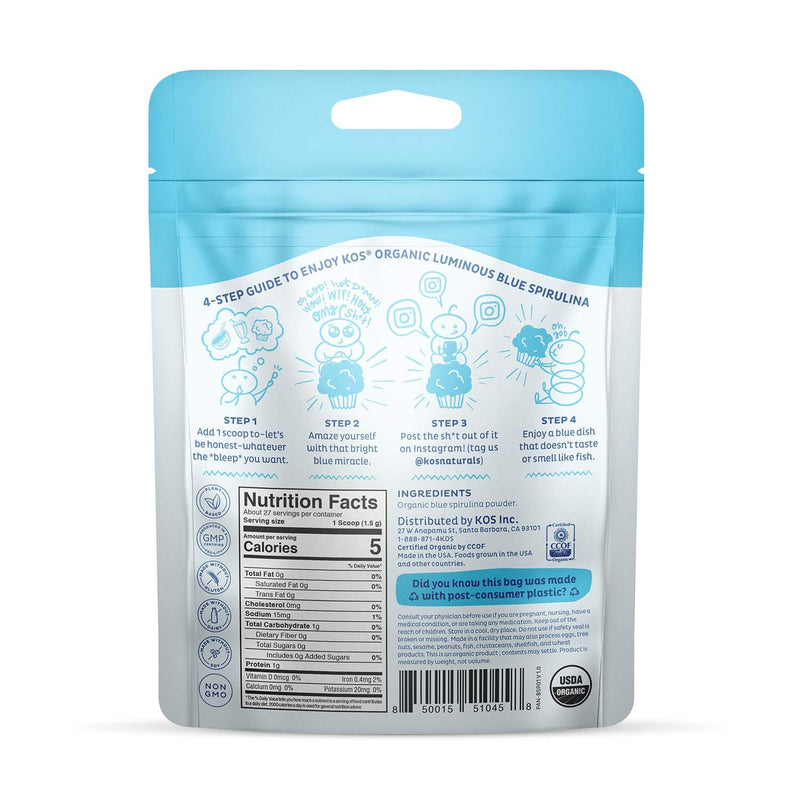 [Australia] - KOS USDA Organic Blue Spirulina Powder, Phycocyanin - Vegan Algae Superfood - Natural Food Coloring for Smoothies & Protein Drinks, Plant Based, Non GMO - 27 Servings 3. Luminous Blue Spirulina Powder 