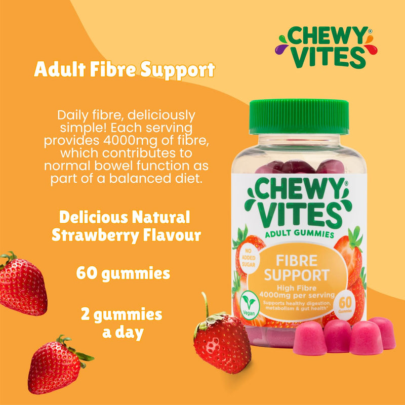 Chewy Vites Adults Fibre Support, 60 High Fibre Gummies with 4000mg, with Calcium & Chromium, 1 Month Supply, Vegan, Strawberry Flavour, for Gut Health and Healthy Digestion