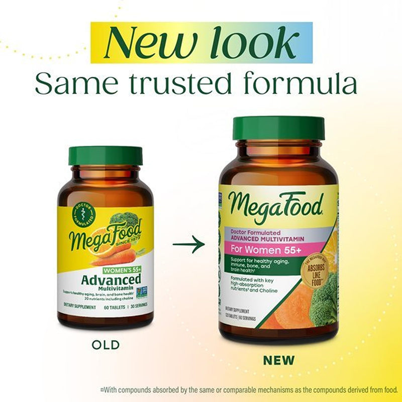 MegaFood Advanced Multivitamin for Women 55+ Doctor Formulated, 120 Tablets | For Healthy Aging, Immune Support, Bone and Brain Health, Choline, Methylated B12, Methylfolate, Vegetarian, 60 Servings Unflavored 120 Count (Pack of 1)