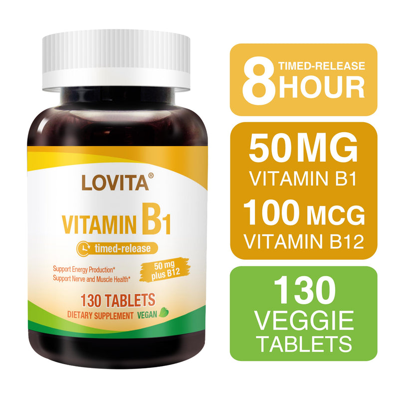 LOVITA Vitamin B1 (Thiamine) 50mg, Timed Release, 8 Hours Sustained, with Vitamin B12 100mcg, Support Metabolism & Nerve Health, 130 Vegan Tablet
