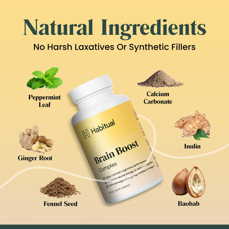 Habitual Brain Boost Complex | Nootropic Supplement with Ashwagandha, Ginkgo Biloba & Vegan Omega-3 | Focus, Memory & Mood Support | 7 B Vitamins, Zinc & Vitamin D | Vegan & Gluten-Free Capsules