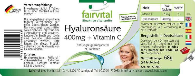 [Australia] - Fairvital | Hyaluronic acid tablets 400mg + vitamin C - HIGH DOSE - VEGAN - 90 tablets 