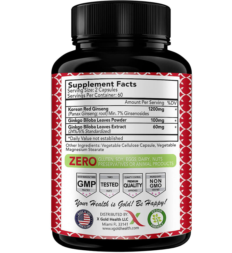 [Australia] - Korean Red Panax Ginseng 1200mg + Ginkgo Biloba -120 Vegan Capsules - High Ginsenosides Extra Strength Root Extract Powder Supplement for Energy, Performance & Focus Pills for Men & Women 120 Count (Pack of 1) 