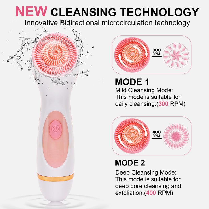 [Australia] - Facial Cleansing Brush, Waterproof Dual-Rotation Face Scrubber Exfoliator with 3 Brush Heads and 2 Adjustable Speeds, Rechargeable Exfoliating Face Brushes for Cleansing and Skin Care (Pink) Pink 