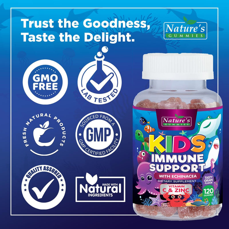Kids Immune Support Supplement Gummies - Daily Childrens Vitamins C, Zinc & Echinacea - Gummy for Kids Immune Support, Ages 4 and Up, Natural Berry Flavor, Non-GMO, Gluten-Free & Vegan - 120 Gummies 120 Count (Pack of 1)