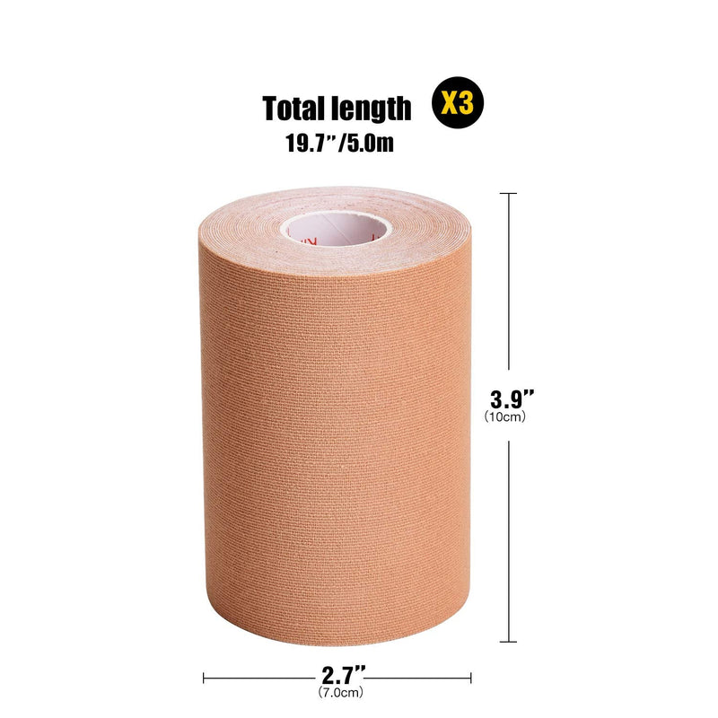 [Australia] - 3 Pack Kinesiology Tape, Water Resistant Muscle Support Adhesive Sport Tape for Pain Relief, Latex Free Cotton Elastic Athletic Tape for Joints, Knee, Ankle, Shoulder, Wrist - Tan 4in 5.5yd 
