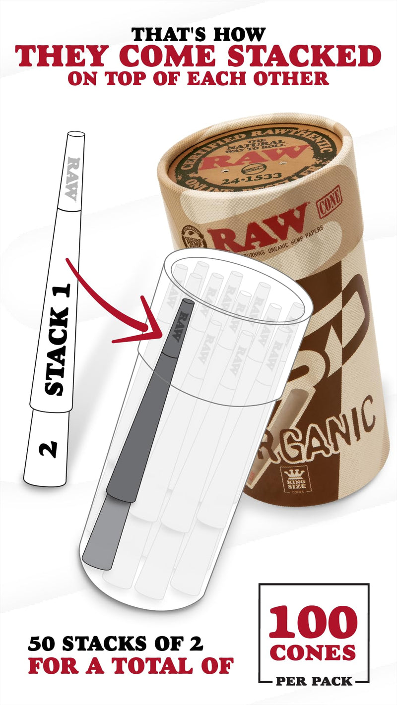 [Australia] - RAW Cones Organic King Size | 100 Pack | Pre Rolled Papers with Tips Included 