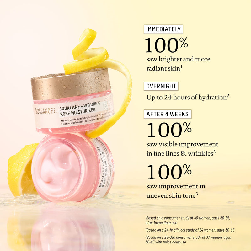 BIOSSANCE Squalane + Vitamin C Rose Face Moisturizer, 1.69 Fl Oz | Antioxidant-rich day/night face lotion, Even skin tone & reduce discoloration, Hydrates and smooths fine lines