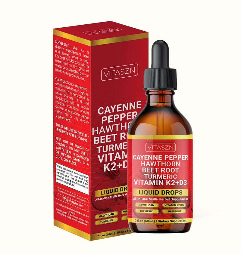 [Australia] - Cayenne Pepper Drops Liquid Supplement with Hawthorn Berry, Vitamin D3 + K2, Beet Root, Ceylon Cinnamon, Turmeric Curcumin, Panax Ginseng & Berberine Vegan-Friendly, Easily Absorbed 2oz - 60ml 