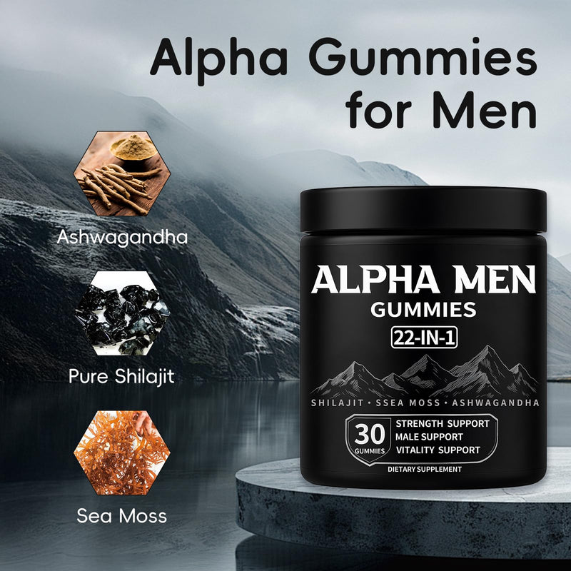 [Australia] - Alpha Gummies for Men - 22 in 1 Gummies with Pure Shilajit | Sea Moss | Ashwagandha | Organic Manuka Honey + 19 More Ingredients, Help Support Daily Energy, Drive & Active Performance, 30 Gummies 