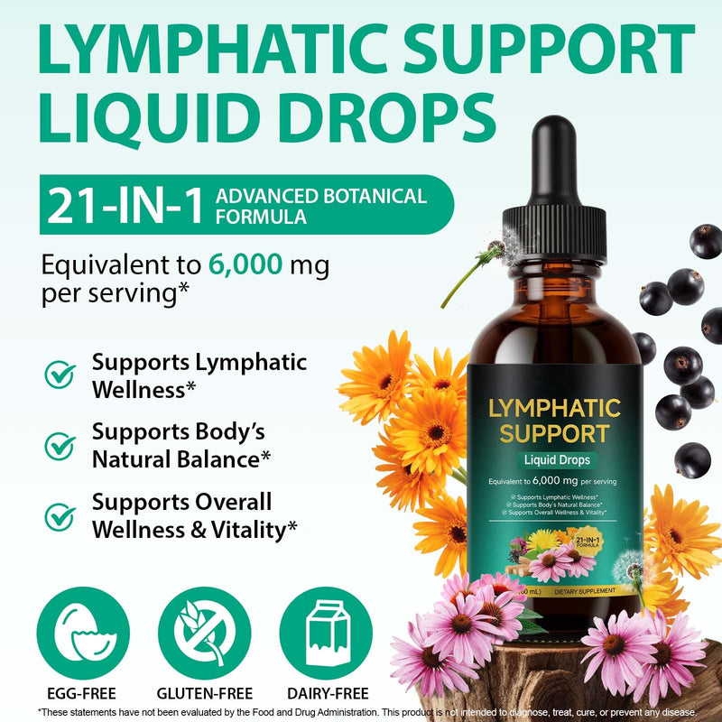 21-in-1 Lymphatic Drainage Drops 60ml, Lymphatic Drainage Supplement with Dandelion Extract, Zine, Burdock Extract, Support Lymph System Cleanse