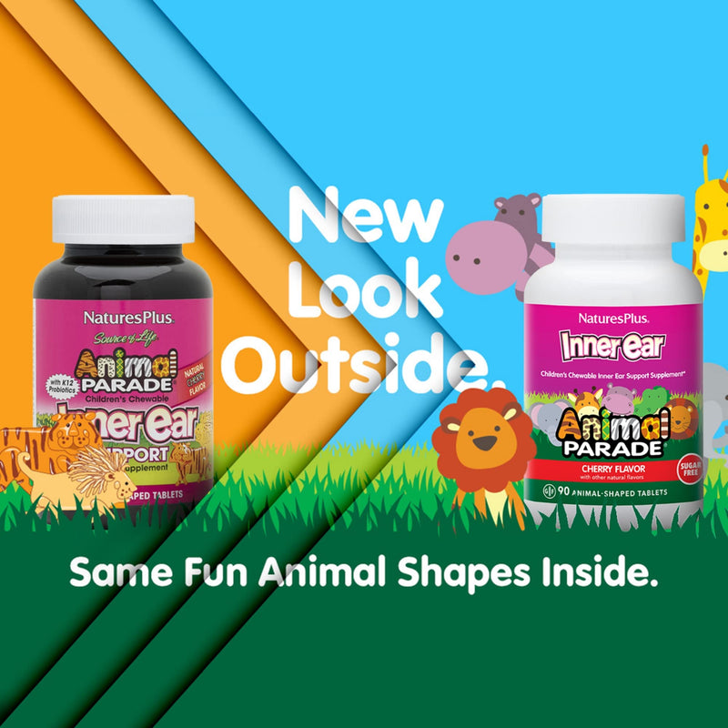 [Australia] - Natures Plus Animal Parade Inner Ear Support Children’s Chewable - Natural Cherry Flavor - 90 Animal-Shaped Tablets - Probiotic Supplement - Gluten Free - 45 Servings 