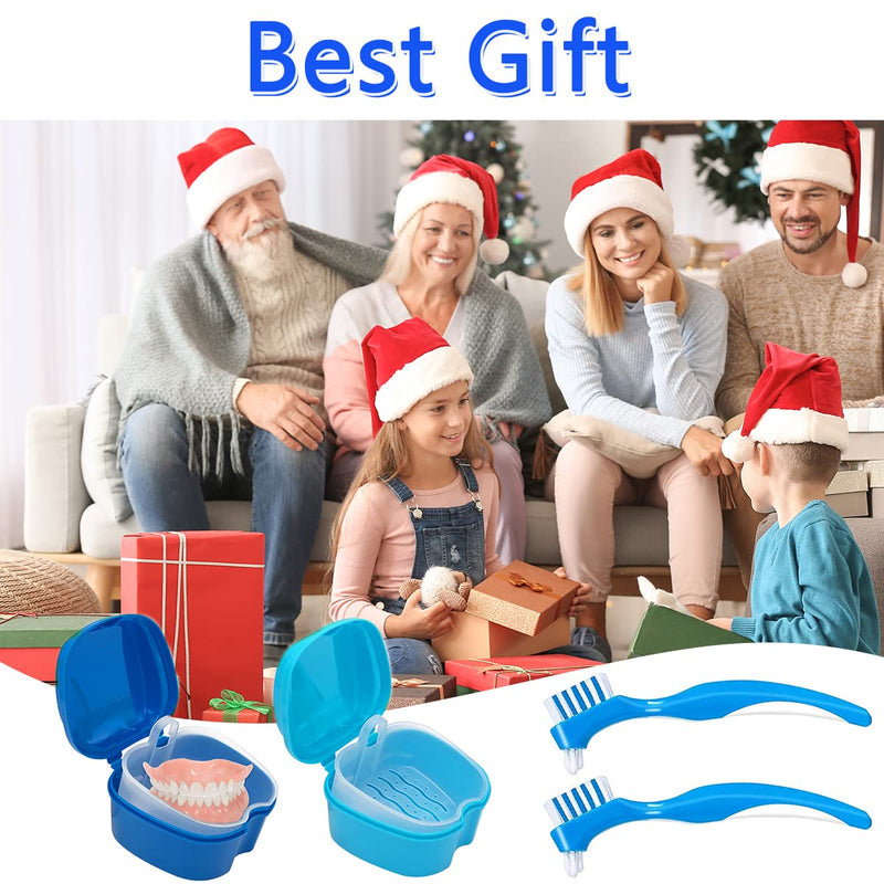 [Australia] - Denture Cleaner Box and Brush Set - 2 Pack Denture Bath Case with Basket + 2 Pack Denture Brush, Portable Denture Retainer Storage Box, False Teeth Brushes for Oral Care (Light and dark blue) Light and dark blue 