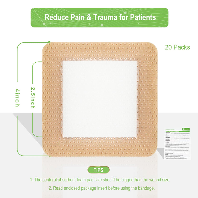 [Australia] - NeuHeils Silicone Foam Dressing with Gentle Border 4''x4'', 20 Pack for Bed Sore Leg Ulcer, High Absorbency Large Waterproof Silicone Wound Bandage 4''x4'' (20 Packs) 
