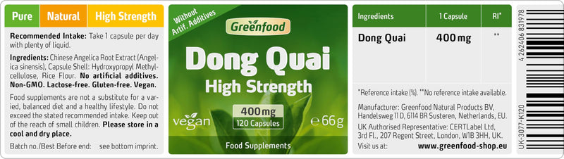 Greenfood Dong Quai, 400 mg, high-dose Extract (10:1),120 Capsules - Valued for Thousands of Years in China. Without Artificial additives, Without Genetic Engineering. Vegan. 120 Capsules
