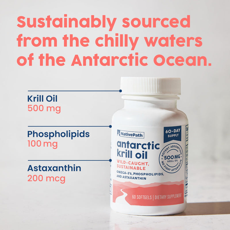 [Australia] - NativePath Antarctic Krill Oil - Wild-Caught Omega 3 Krill Oil 500mg Softgels with EPA, DHA and Astaxanthin - Omega 3 Supplement for Joint, Heart, Brain and Immunity - 60 ct - No Fishy Aftertaste 60 Count (Pack of 1) 
