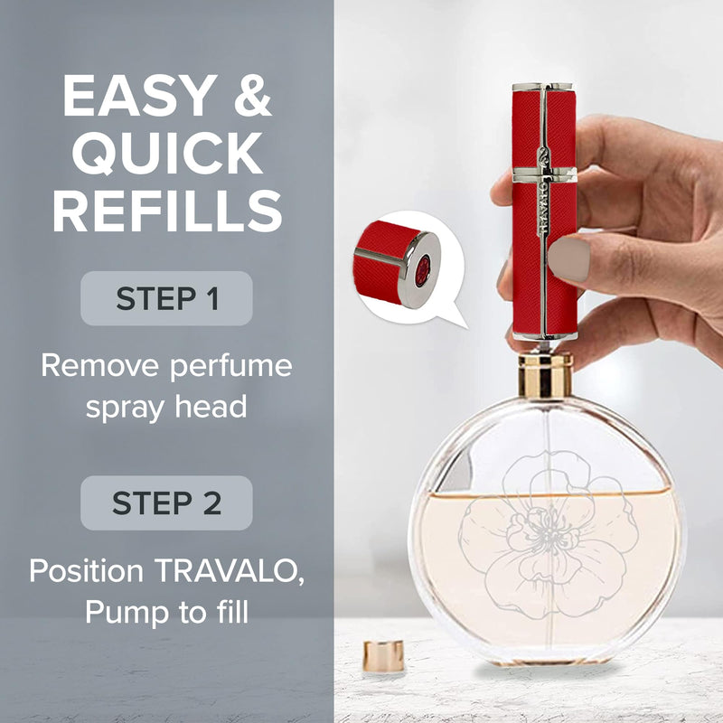 Travalo Milano Perfume Atomizer - Leak-Proof and TSA Approved for Air Travel - Reusable, Airtight, Easy Fill Mini Pump Sprayer - Lightweight, Vegan Leather with Polished Metal Outer Shell - Red