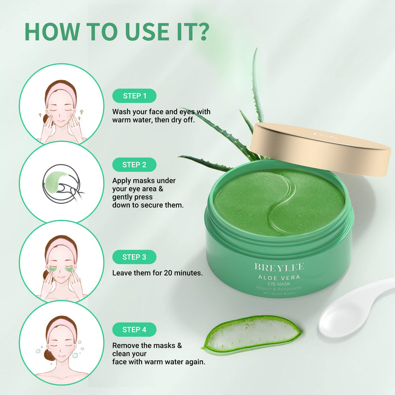 [Australia] - BREYLEE Aloe Vera Eye Masks - 60 Pcs - Reduce Puffy Eyes & Dark Circles, Firm & Improve Under Eye Skin, Pure Natural Extracts for Youthful Appearance & Reduction of Fine Lines and Wrinkles. GREEN 