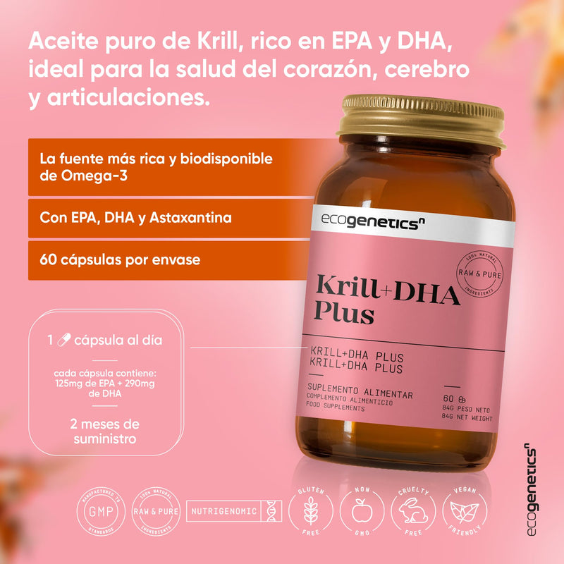 [Australia] - ECOGENETICS - Krill Oil + DHA Plus 60 soft capsules | Premium source of Omega 3 (415mg per capsule) for cardiovascular health | Brain Booster Ideal for concentration & memory 