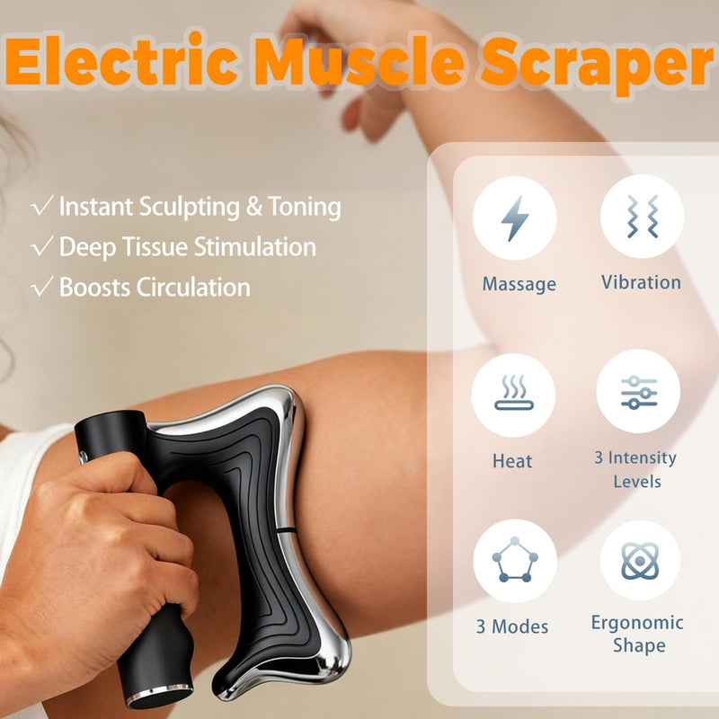 Electric Muscle Scraper Tool with Vibration,Massage& Heat, Portable Gua Sha Massager for Full Body Muscle Recovery, Relaxation, and Pain Relief (Black) Black