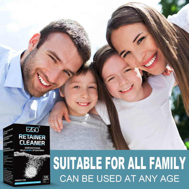 [Australia] - EZGO Retainer Cleaner Tablets, Denture Cleaning Tablets for Mouth Guard, Night Guard and Removable Dental Appliances, Removes Stains, Bad Odor, Plaque in 3 Minutes, 4 Months Supply (120 pcs) 