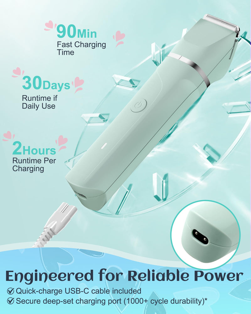 [Australia] - Waterproof Bikini Trimmer Women Electric Razor for Pubic Hair Women's Foil Shaver Rechargeable Shaver Removal with Snap-in Ceramic Blades IP7X Washable Head,Wet and Dry Use,Green Green 
