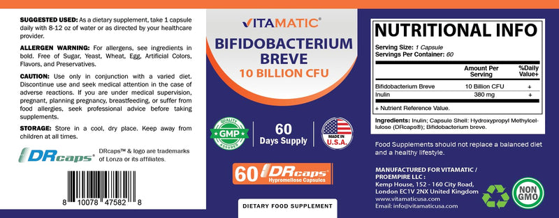 Vitamatic Bifidobacterium Breve - 10B per DR Capsule - 60 Count - Digestive Support - Made with Prebiotic Inulin Fiber