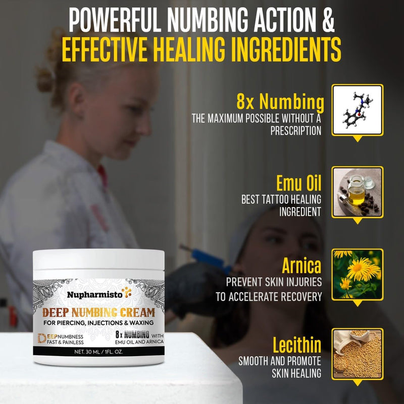 [Australia] - Deep Numbing Cream for Piercing, Injections& Tattoos, Fast Numbing for Waxing, 7 Hours Maximum Strength Painless Numbing Cream for Injections, 8x Numbing with Emu Oil and Arnica. 30ml/1oz 