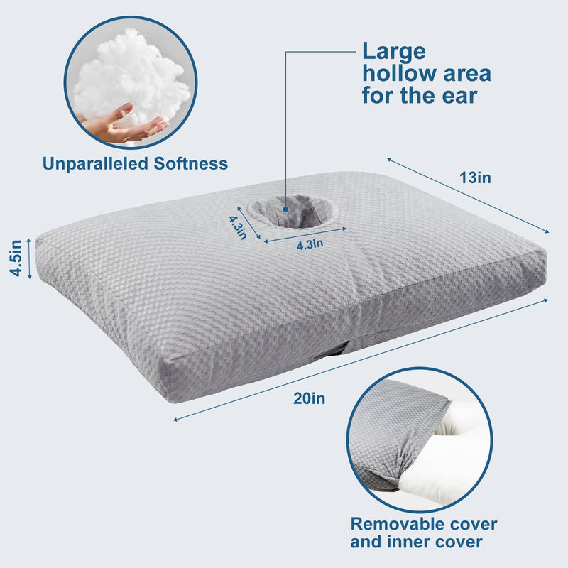 [Australia] - Ear Piercing Pillow for Side Sleepers with a Big Hole, Adjustable Height Ear Pillows for Ear Pain CNH, Pain Relief Sleeping, Skin-Friendly & Washable Pillowcase (20 x 13 x 4.5 inches - Gray) 
