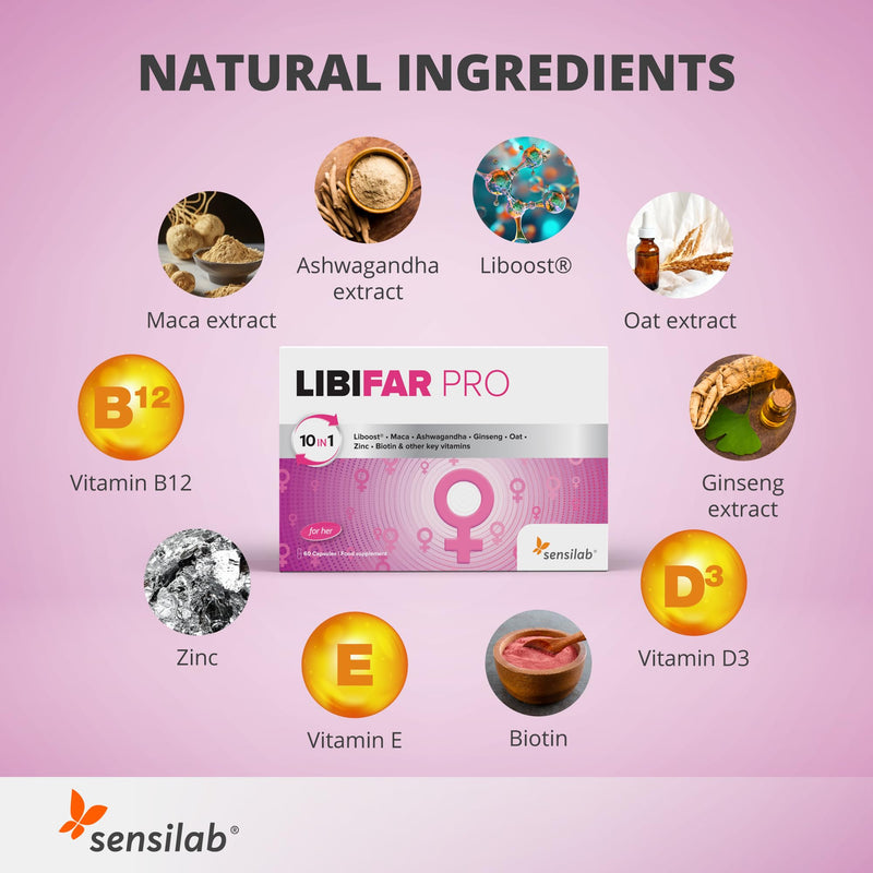 Libido Booster for Women with Liboost, Maca, Ashwagandha KSM 66, Ginseng, Zinc, Biotin, Vitamin D, Vitamin B6, and Vitamin B12, 60 Capsules LibiFAR PRO by Sensilab Libido Booster