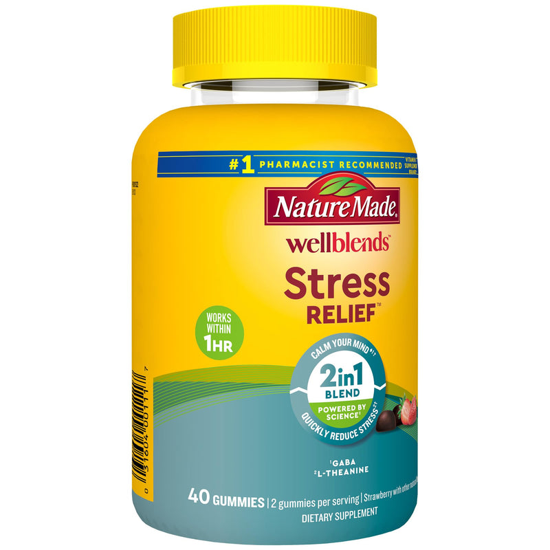 Nature Made Wellblends Stress Relief Gummies, 40 Strawberry Flavor Gummies | L theanine 200mg to Help Reduce Stress, with GABA 100mg, Same Day Stress Support 40 Count (Pack of 1)