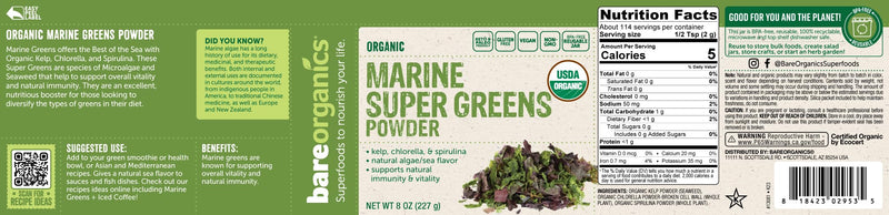 [Australia] - BareOrganics Marine Super Greens Powder | USDA Organic, Gluten-Free, Vegan, Non-GMO, BPA-Free | Kelp, Chlorella, Spirulina, 8oz 8 Ounce (Pack of 1) 
