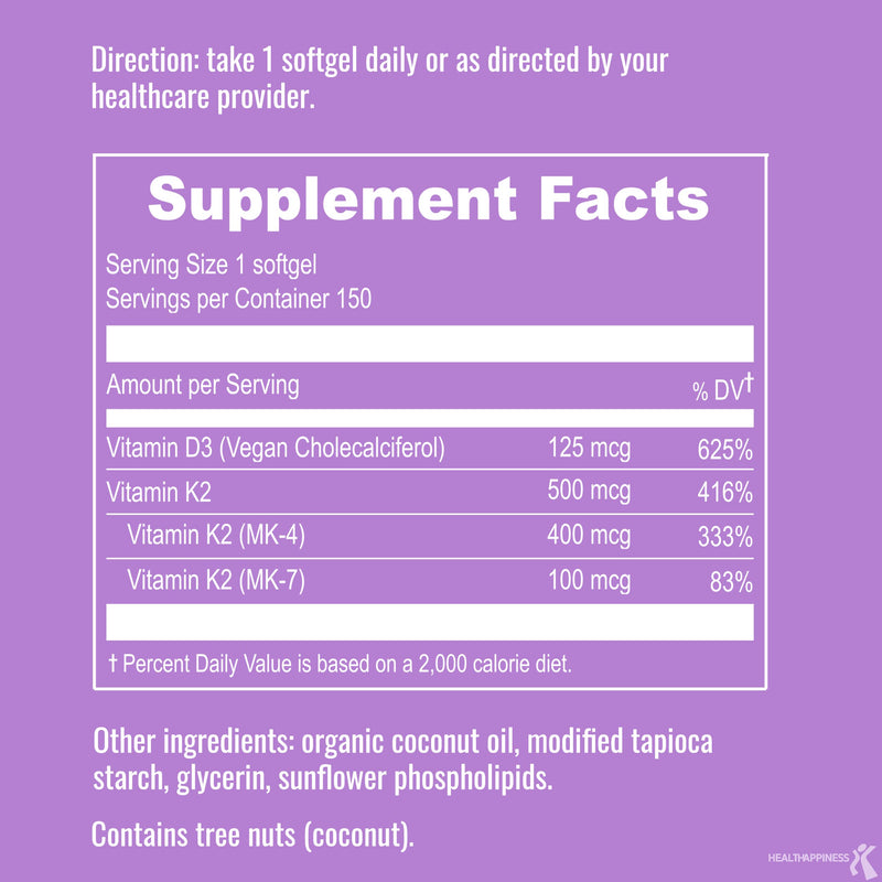 UpNourish Certified Vegan Vitamin D3 5000 IU K2 MK4 MK7 500 mcg Supplement, 150 Softgels, Plant Based Liposomal Vitamin D K with Organic Coconut Oil, Non GMO, Gluten and Gelatin Free Vegan D3 and K2 150.0