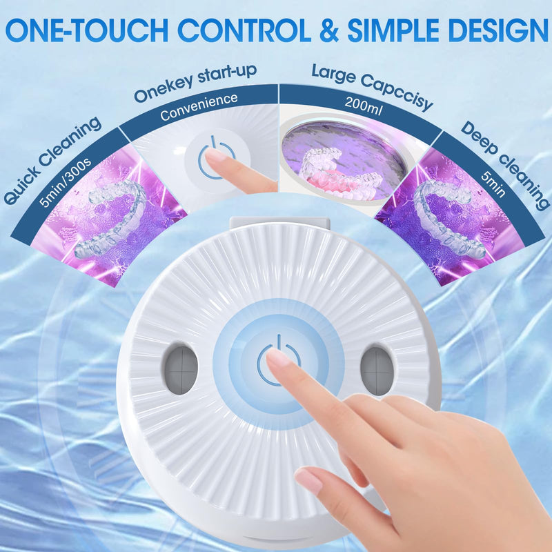 [Australia] - Ultrasonic Retainer Cleaner Machine, Cleaning Pod for Jewelry Cleaner, Dentures, Mouth Guards, Rings, Earrings, Glasses- 200ML 45kHz One-Touch 5-Minute Deep Clean (White) White 