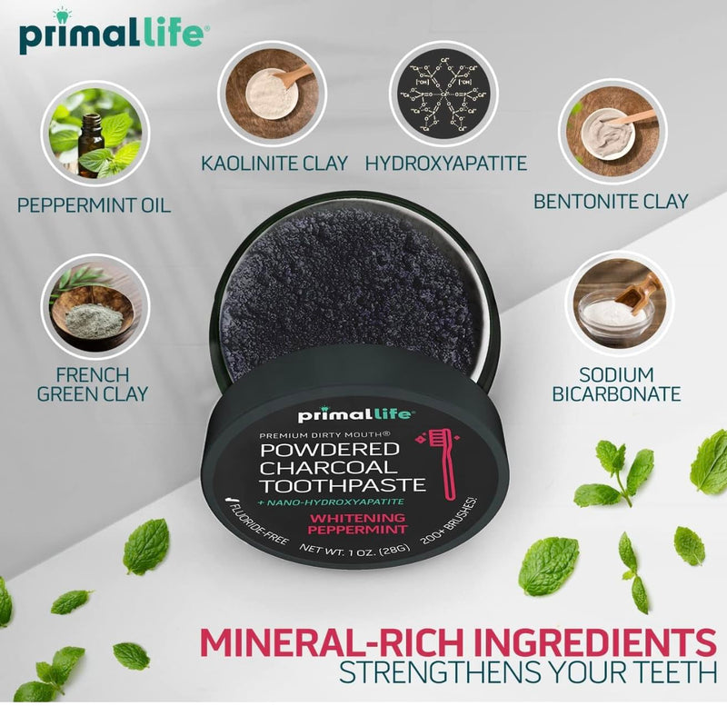 [Australia] - 2 Pack of Primal: Lifee Organics! - Dirty Mouth Toothpowder, Activated Charcoal Tooth Cleaning Powder with Kaolin & Bentonite Clay, Organic, Whitening Peppermint, 1oz 2 Pack +LuxProdX Sticker 