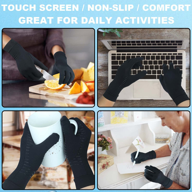 2 Pairs Full Finger Copper Arthritis Compression Gloves with Touchscreen Tips. Relief for Hand Pain, Carpal Tunnel, Rheumatoid, Inflammation, Tendonitis, Trigger Finger, RSI, Fit for Men Women (M) Medium Black