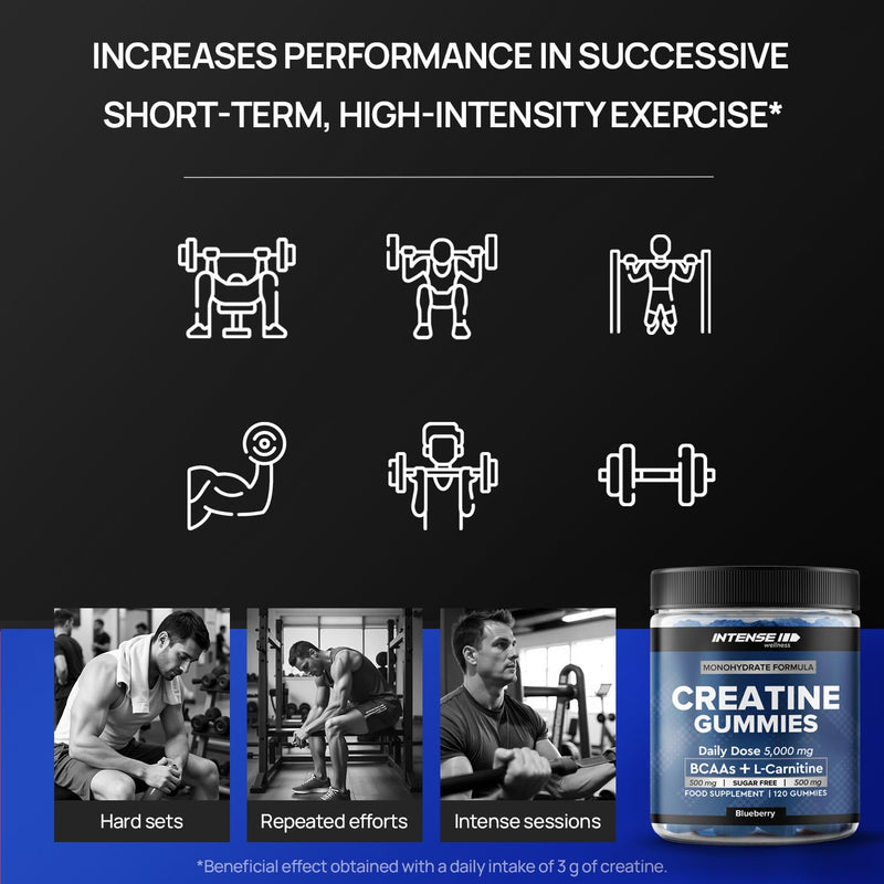 Creatine Monohydrate Gummies 5000mg - Sugar Free Vegan Pre Workout Chews - BCAAs 500mg, L-Carnitine 500mg - Gym Supplement for Men and Women, Blueberry, 120 Count 120 count (Pack of 1)