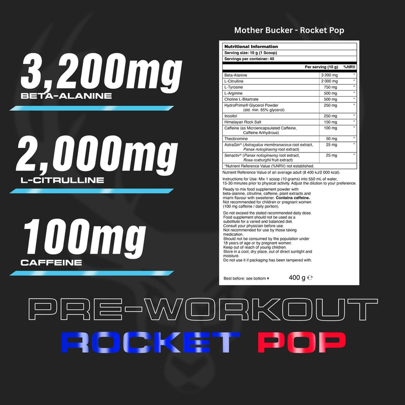 Bucked Up Mother Bucker Pre-Workout Powder | Caffeine, Energy & Endurance Blend | Sugar Free, Keto Friendly | No Proprietary Blends | Rocket Pop Flavour | 40 Servings