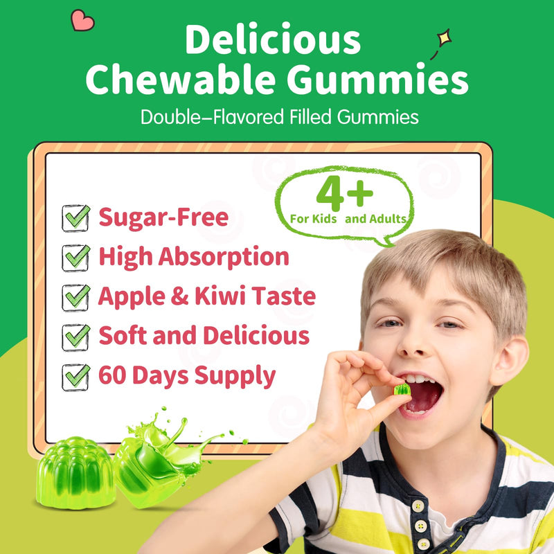 Magnesium Gummies for Kids - Magnesium Glycinate Gummies with L-Theanine, Vitamin B6, D3 for Kids & Adults Sleep, Calm, Relaxation, Brain, Bones, Muscle Relief, Sugar Free Green Apple & Kiwi 60ct 60 Count (Pack of 1)