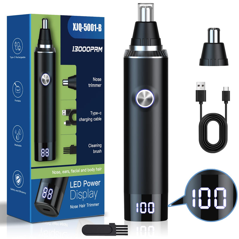 Ear & Nose Hair Trimmer with LED Display for Men Women,Painless USB Rechargeable Eyebrow & Facial & Nose Hair Trimmer Clipper,Professional IPX7 Waterproof Dual Edge Blades 12500 RPM (Black) Black
