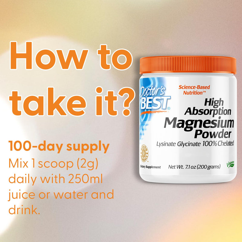 Doctor's Best, High Absorption Magnesium Powder, 200g Vegan Powder, High-Dose, Lab-Tested, Gluten-Free, SOYA-Free, Vegetarian, GMO-Free