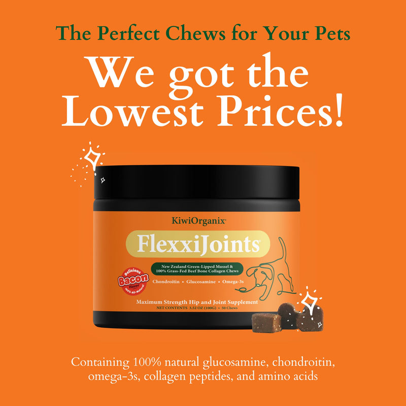 NZorganix FlexxiJoints Hip and Joint Supplement Chews for Dogs, Cats • 100% Grass-Fed Beef Bone Collagen New Zealand Green-Lipped Mussels • 50 Chews - PawsPlanet Australia