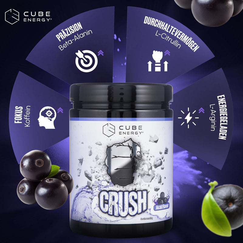 [Australia] - Cube Energy Crush Pre Workout Booster - 2in1 focus & pump formula with 300 mg caffeine - no crash - high dose & vegan - Made in Germany - 22 portions of 25 g each - Acai flavor 